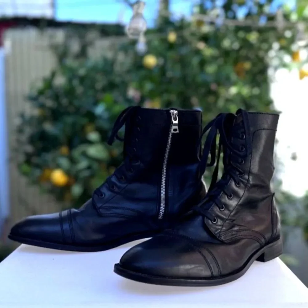 Straight to Hell Division Black 100% Leather Combat Boots SZ 9.5 Silver Side Zip